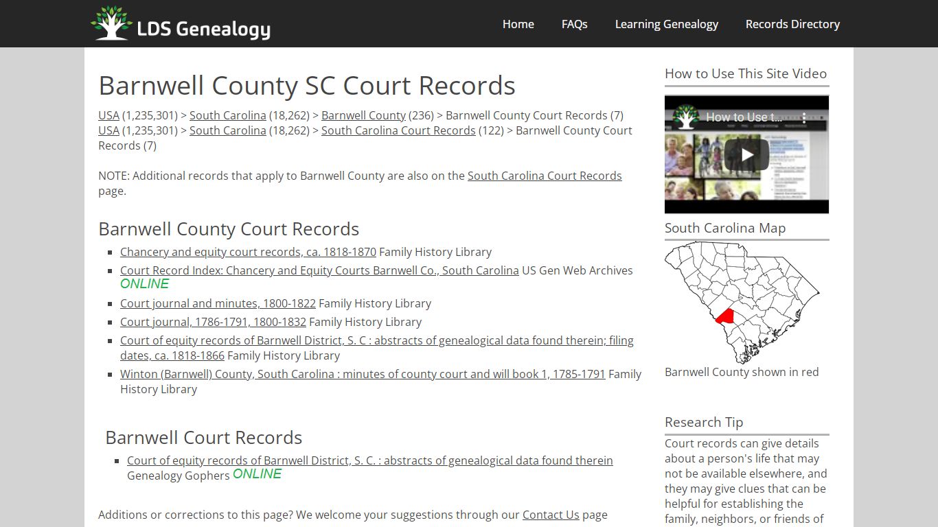 Barnwell County SC Court Records - LDS Genealogy